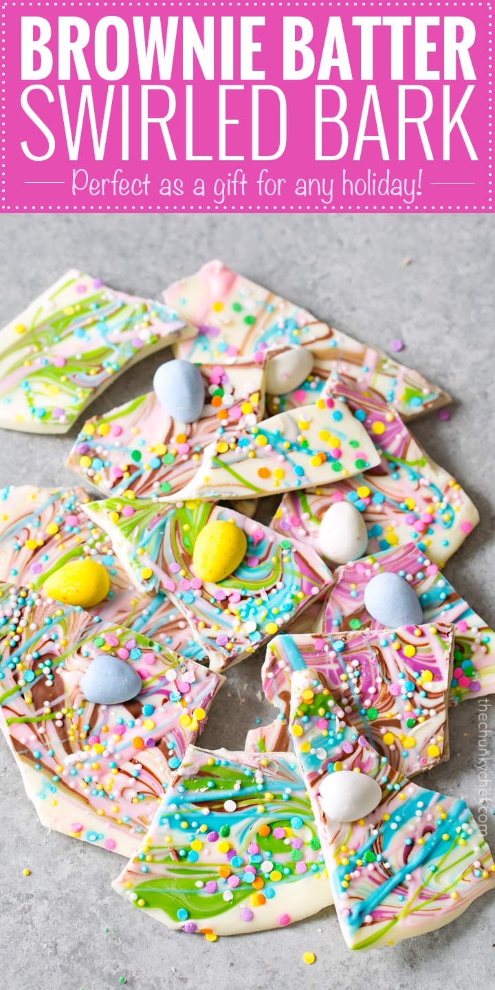 Brownie Batter White Chocolate Bark | A fun no bake bark dessert, made with white chocolate swirled together with milk chocolate brownie batter, and decorated in fun Spring colors! Easily customizable to any holiday and makes a great homemade gift! | http://thechunkychef.com