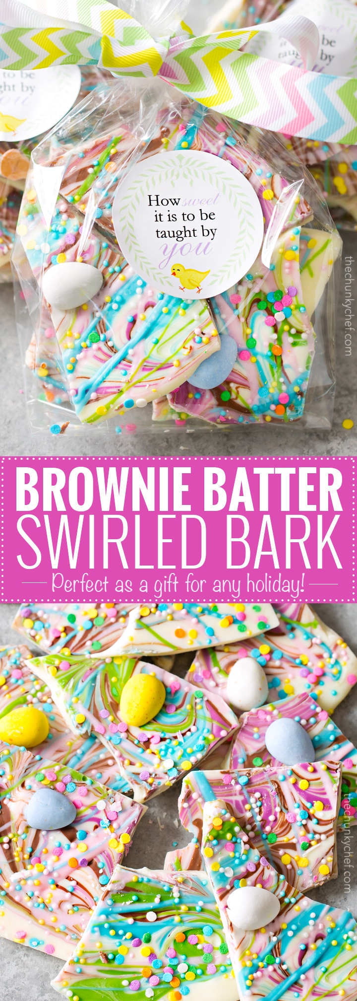 Brownie Batter White Chocolate Bark | A fun no bake bark dessert, made with white chocolate swirled together with milk chocolate brownie batter, and decorated in fun Spring colors! Easily customizable to any holiday and makes a great homemade gift! | http://thechunkychef.com