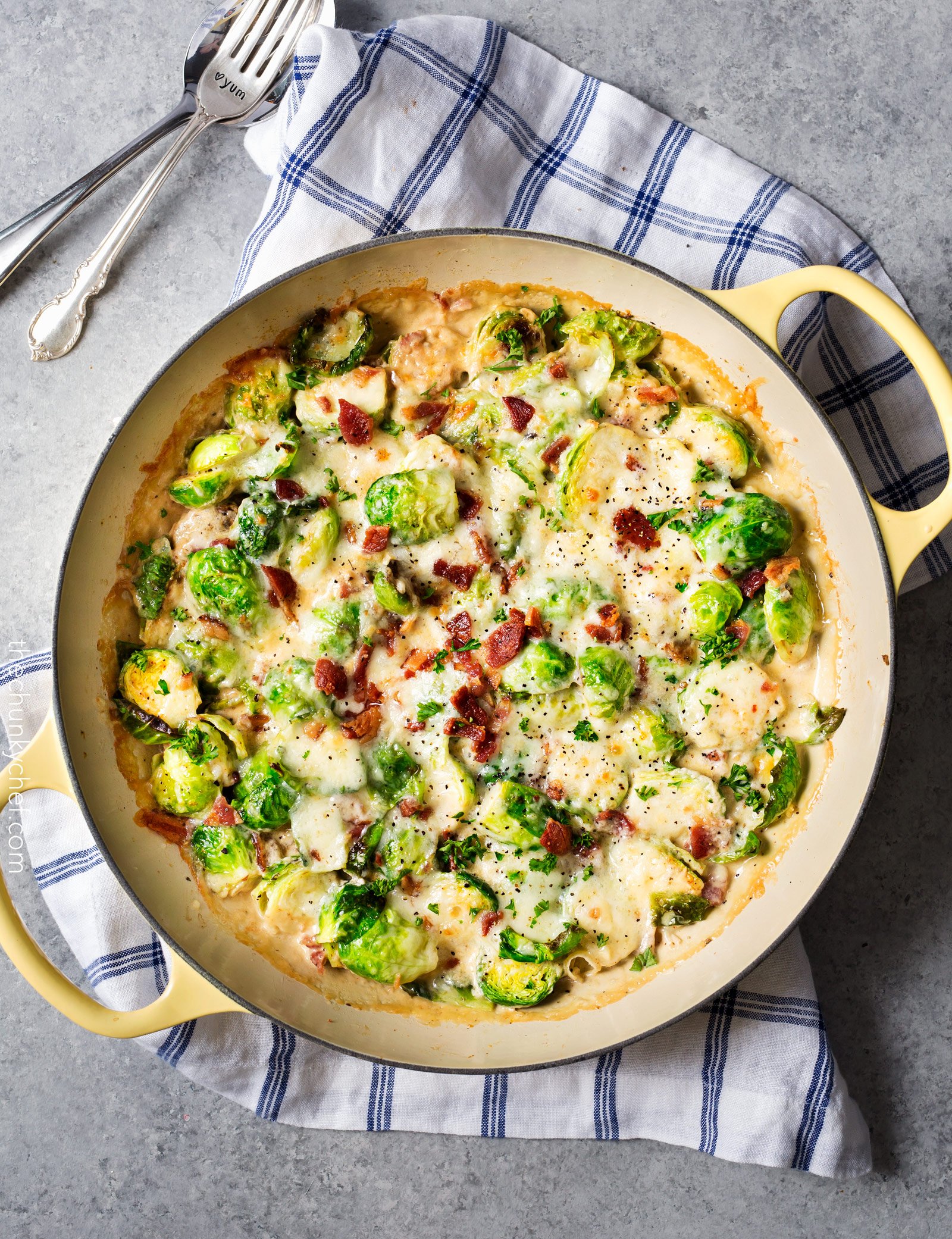 Cheesy Brussels Sprouts with Bacon - The Chunky Chef