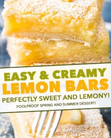 The best Creamy Lemon Bars have an easy shortbread crust and a layer of thick and creamy lemon filling. Perfectly tangy and sweet - such a classic dessert recipe that anyone can make! #lemonbars #lemonsquares #lemon #citrus #bars #dessert #baking #dessertrecipe #easyrecipe #spring