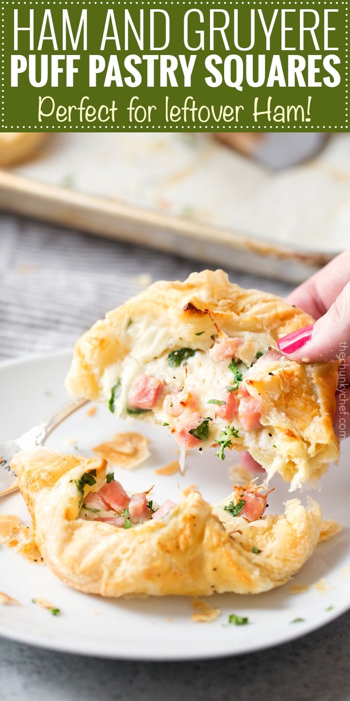 Ham and Cheese Spinach Puffs | Ready in just over 30 minutes, these spinach puffs are made with flaky puff pastry, wrapped around a creamy mixture of ham, gruyere cheese and fresh spinach. Perfect for using leftover ham! | http://thechunkychef.com