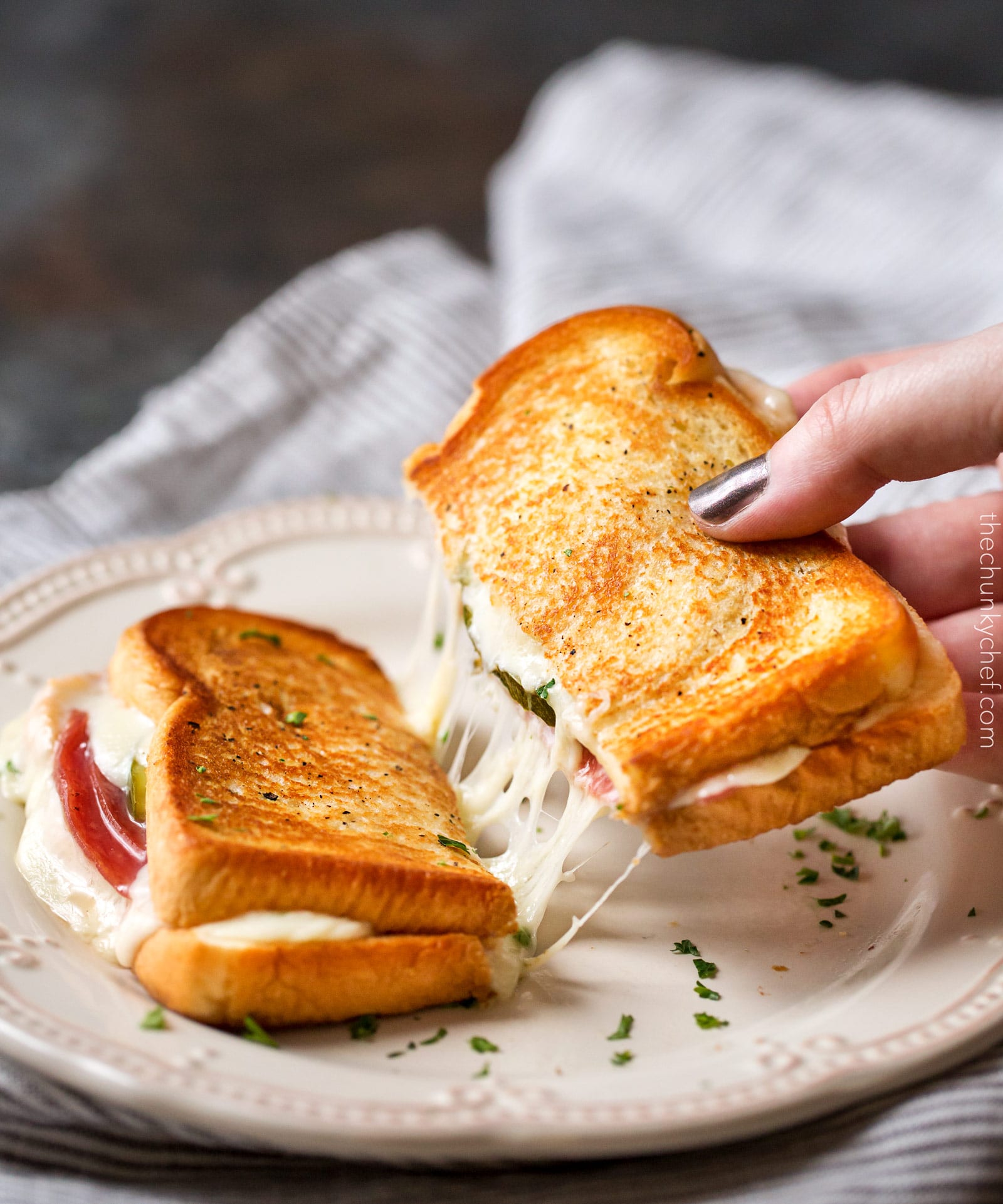 Salami and Pickle Grilled Cheese | Everything you love about the salami, cream cheese and pickle appetizer, put into a gooey, buttery grilled cheese! Comfort food elevated to gourmet levels! | http://thechunkychef.com