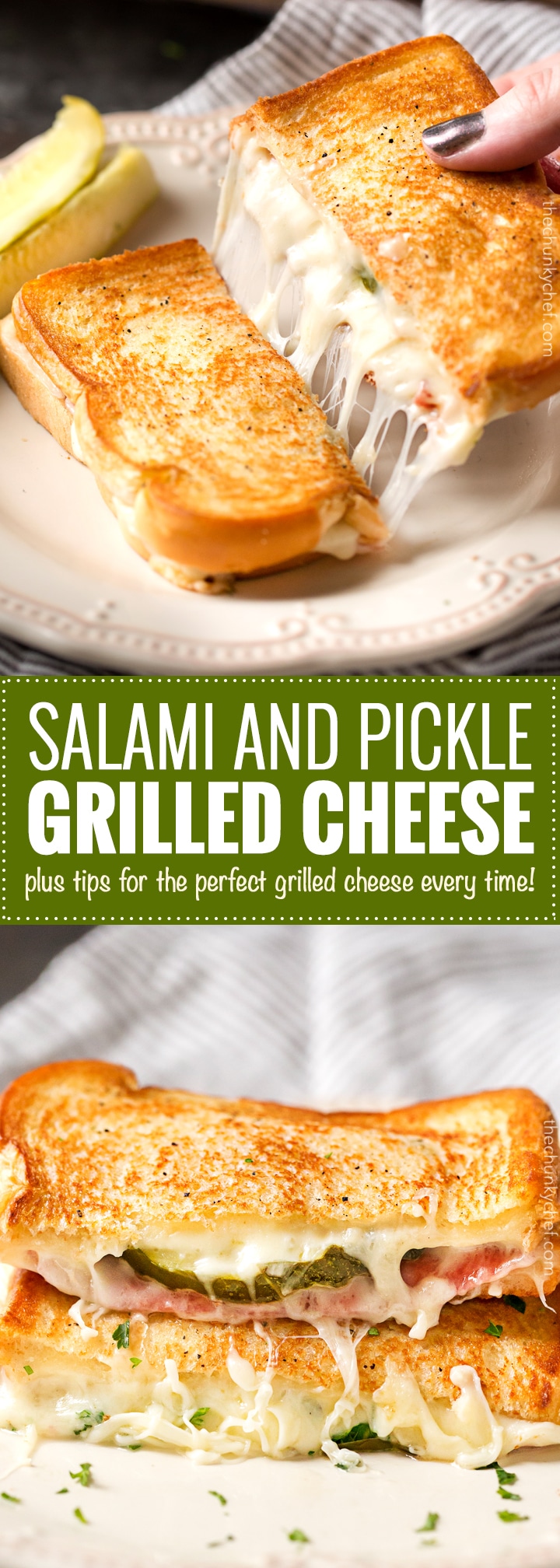 Salami and Pickle Grilled Cheese | Everything you love about the salami, cream cheese and pickle appetizer, put into a gooey, buttery grilled cheese! Comfort food elevated to gourmet levels! | http://thechunkychef.com