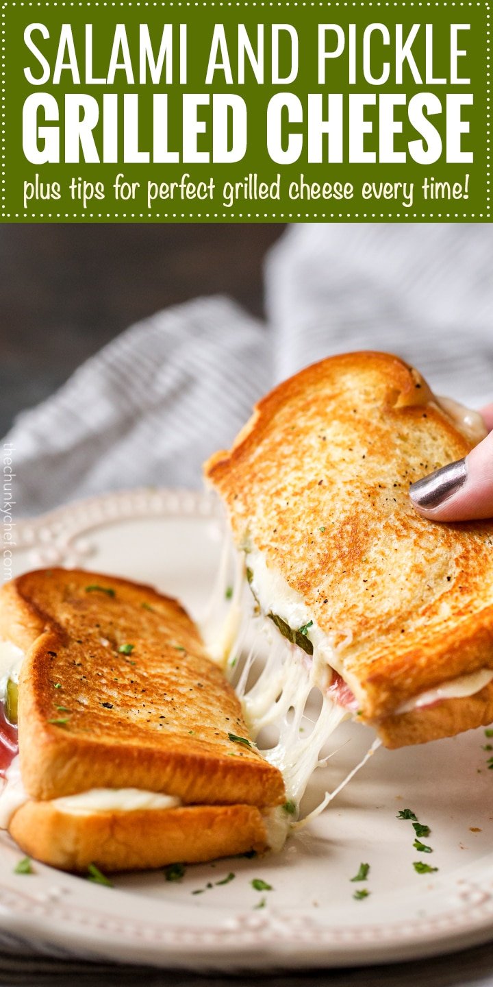 Salami and Pickle Grilled Cheese | Everything you love about the salami, cream cheese and pickle appetizer, put into a gooey, buttery grilled cheese! Comfort food elevated to gourmet levels! | http://thechunkychef.com