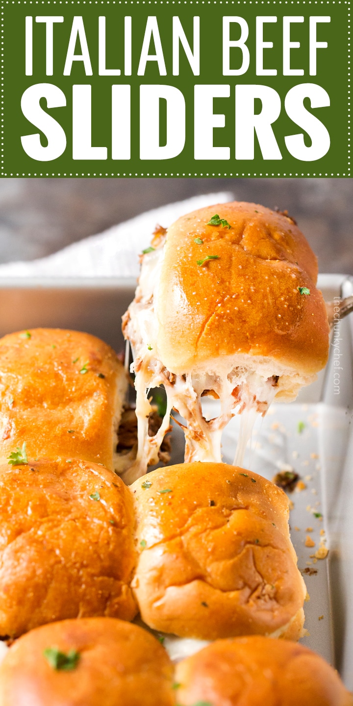 Baked Italian Beef Sliders | Slider buns are piled high with shredded Italian beef and gooey provolone cheese, brushed with melted garlic butter and baked until gooey and mouthwatering! | http://thechunkychef.com