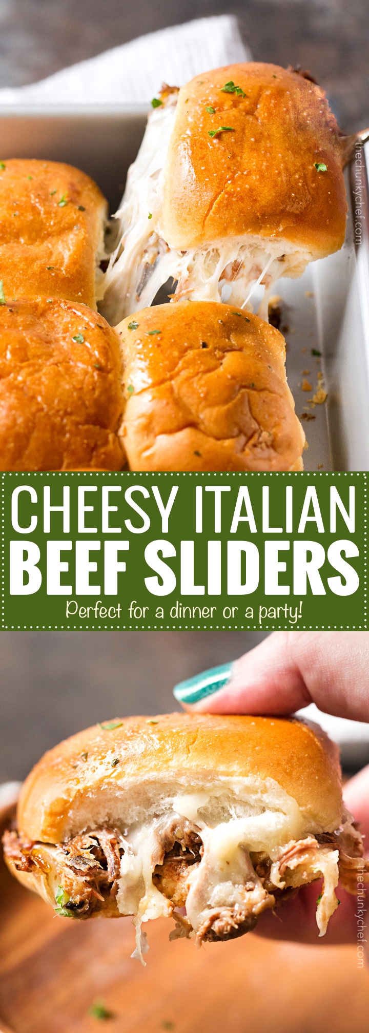 Baked Italian Beef Sliders | Slider buns are piled high with shredded Italian beef and gooey provolone cheese, brushed with melted garlic butter and baked until gooey and mouthwatering! | http://thechunkychef.com