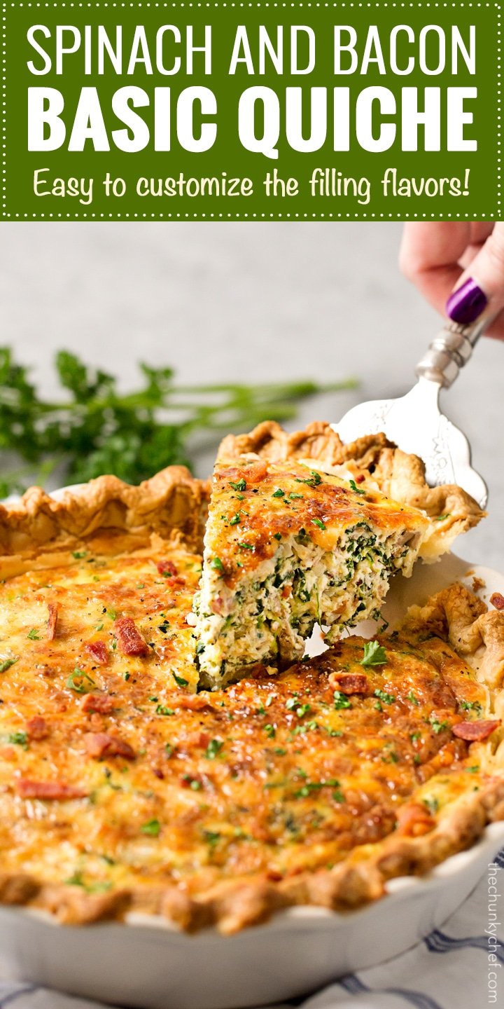 Basic Cheesy Spinach Quiche with Bacon | This easy quiche is loaded with spinach, ham, bacon, caramelized onions, mushrooms and Gruyere! No complicated dinner here, it uses frozen pie crust! | http://thechunkychef.com