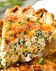 Basic Cheesy Spinach Quiche with Bacon | This easy quiche is loaded with spinach, ham, bacon, caramelized onions, mushrooms and Gruyere! No complicated dinner here, it uses frozen pie crust! | http://thechunkychef.com