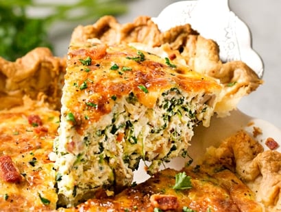 Basic Cheesy Spinach Quiche with Bacon | This easy quiche is loaded with spinach, ham, bacon, caramelized onions, mushrooms and Gruyere! No complicated dinner here, it uses frozen pie crust! | http://thechunkychef.com