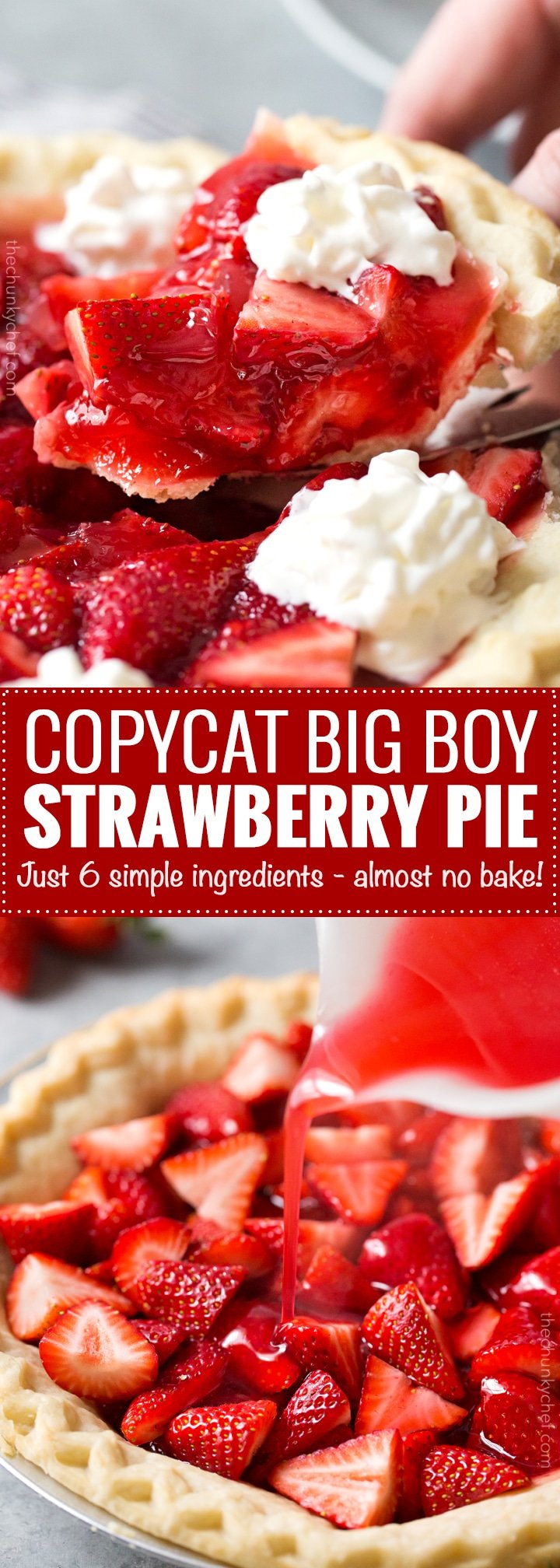 Copycat Frisch's Big Boy Strawberry Pie | This fresh strawberry pie tastes just like the pies from Frisch's Big Boy or Shoney's. It's easy to make, uses just 6 simple ingredients, and a frozen pie crust, for the easiest, tastiest strawberry pie ever! | http://thechunkychef.com