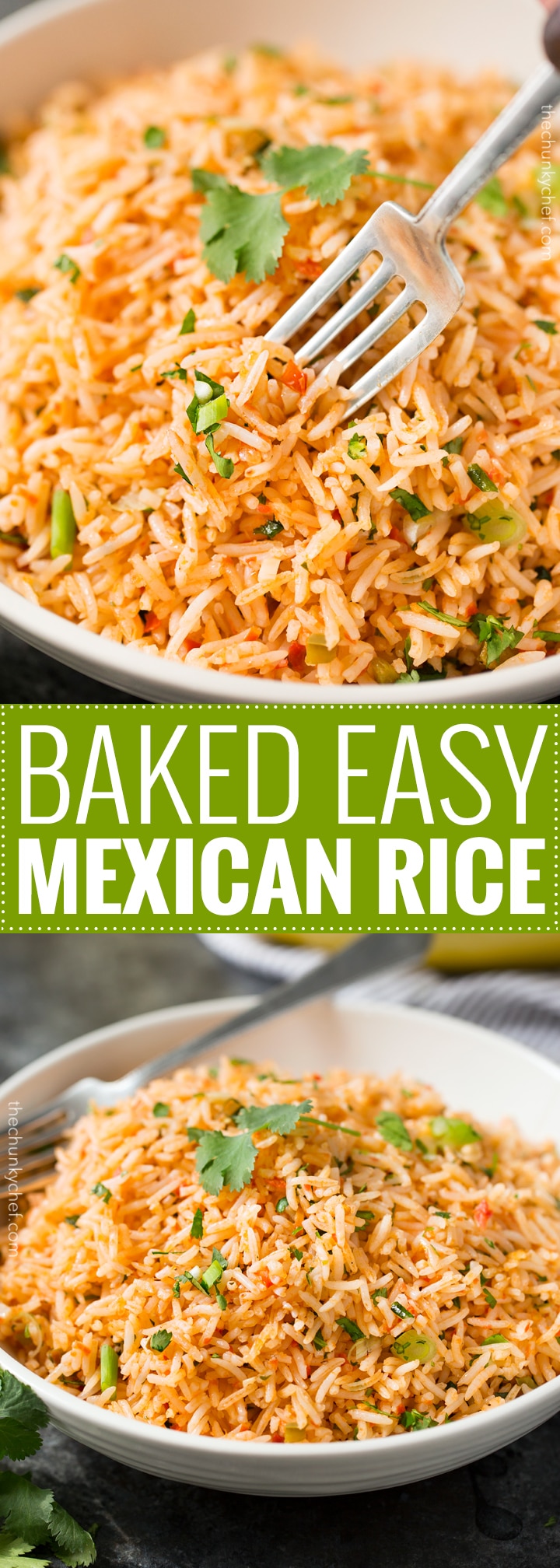 Easy Baked Mexican Rice | This foolproof method for cooking rice tastes just like the rice from your favorite Mexican restaurant... full of flavor and cooked to perfectly fluffy perfection! | http://thechunkychef.com