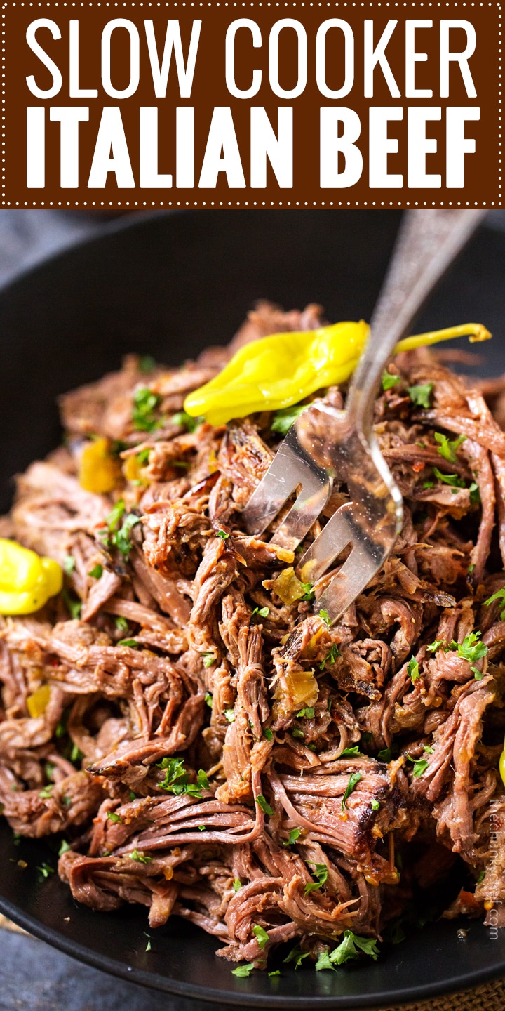 Slow Cooker Shredded Italian Beef | Tangy and spicy, this Italian beef is easily cooked in a slow cooker until fork tender, then shredded, for the ultimate in delicious easy weeknight dinners! | http://thechunkychef.com