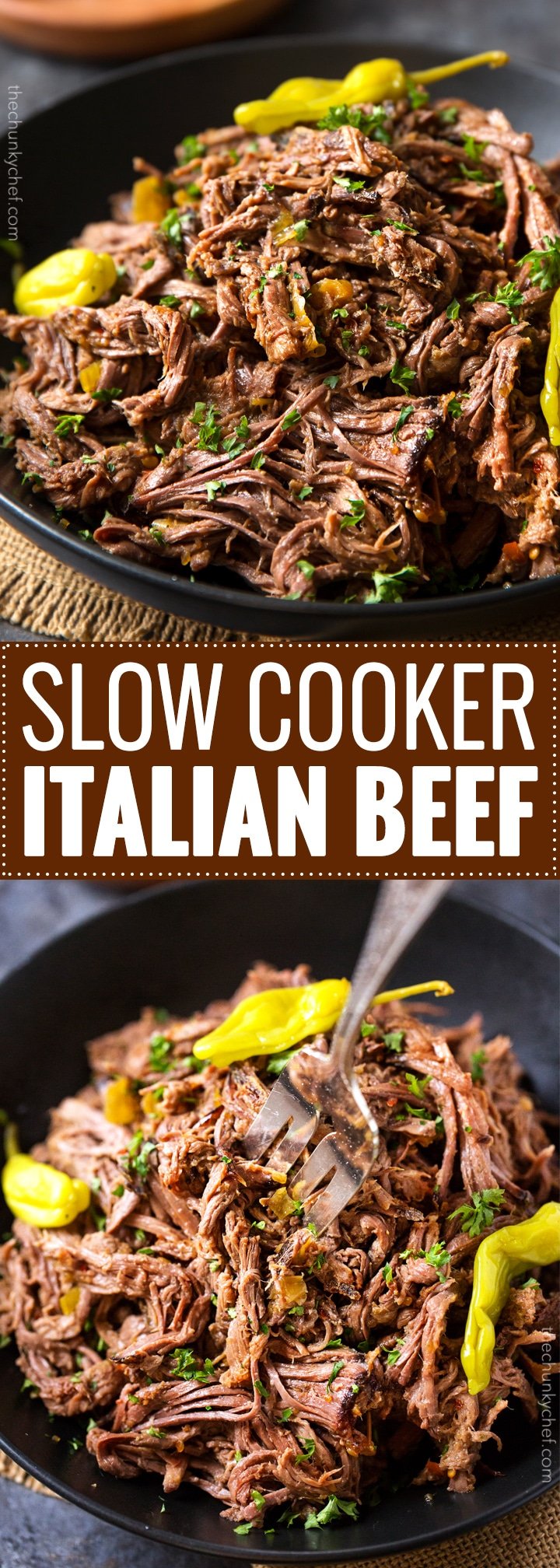 Slow Cooker Shredded Italian Beef | Tangy and spicy, this Italian beef is easily cooked in a slow cooker until fork tender, then shredded, for the ultimate in delicious easy weeknight dinners! | http://thechunkychef.com