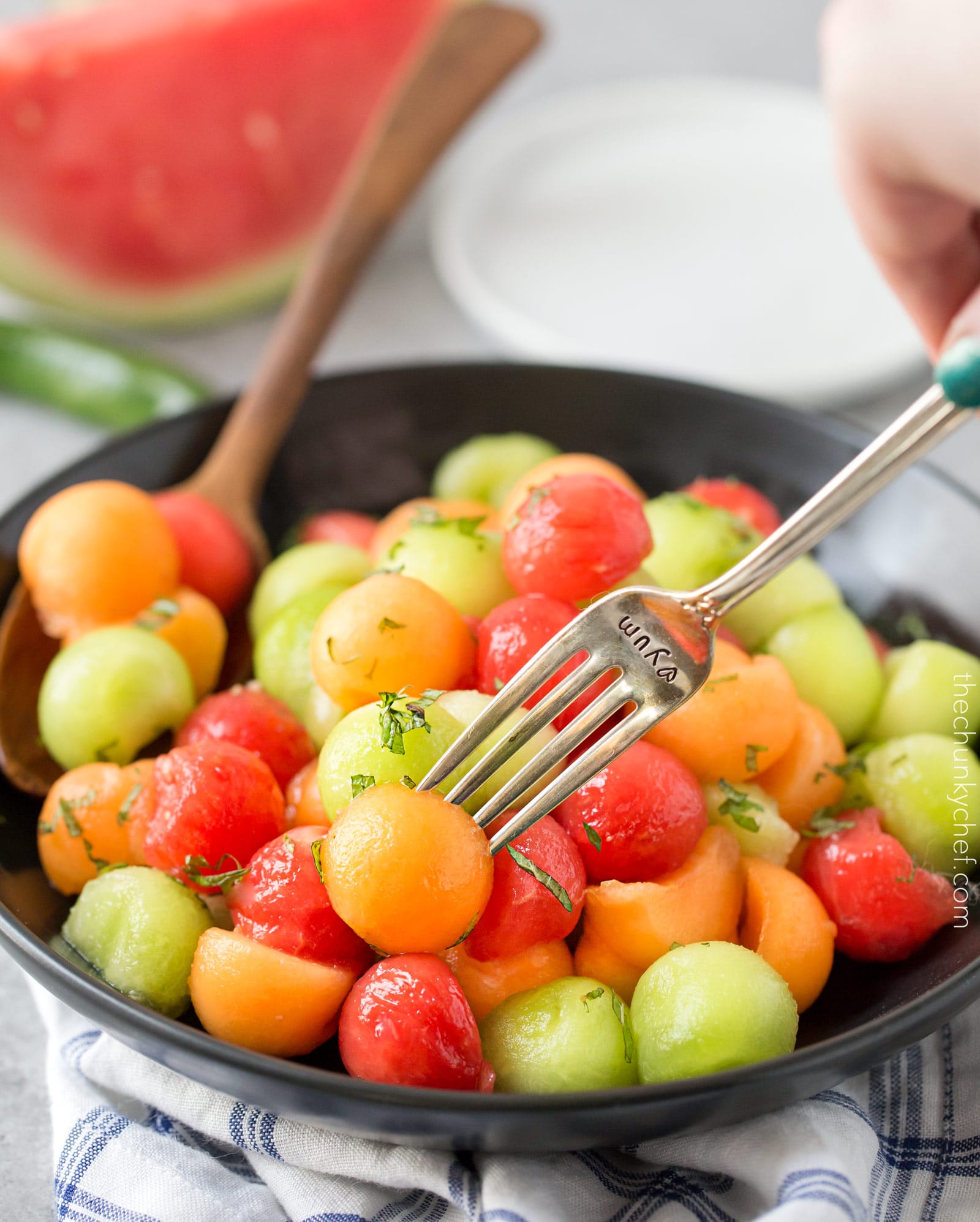 Summer Fruit Salad with Serrano Mint Syrup | A refreshing fruit salad made with a variety of summer fruits, tossed in an easy simple syrup made with mint and serrano pepper! | http://thechunkychef.com