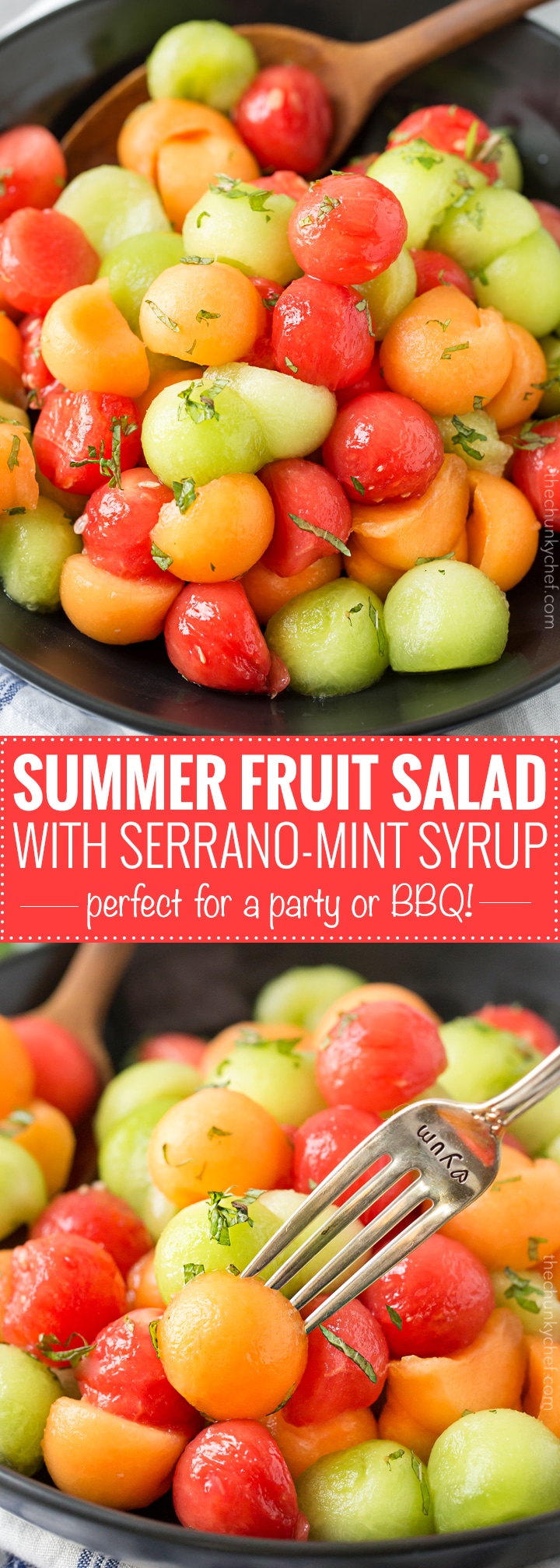 Summer Fruit Salad with Serrano Mint Syrup | A refreshing fruit salad made with a variety of summer fruits, tossed in an easy simple syrup made with mint and serrano pepper! | http://thechunkychef.com