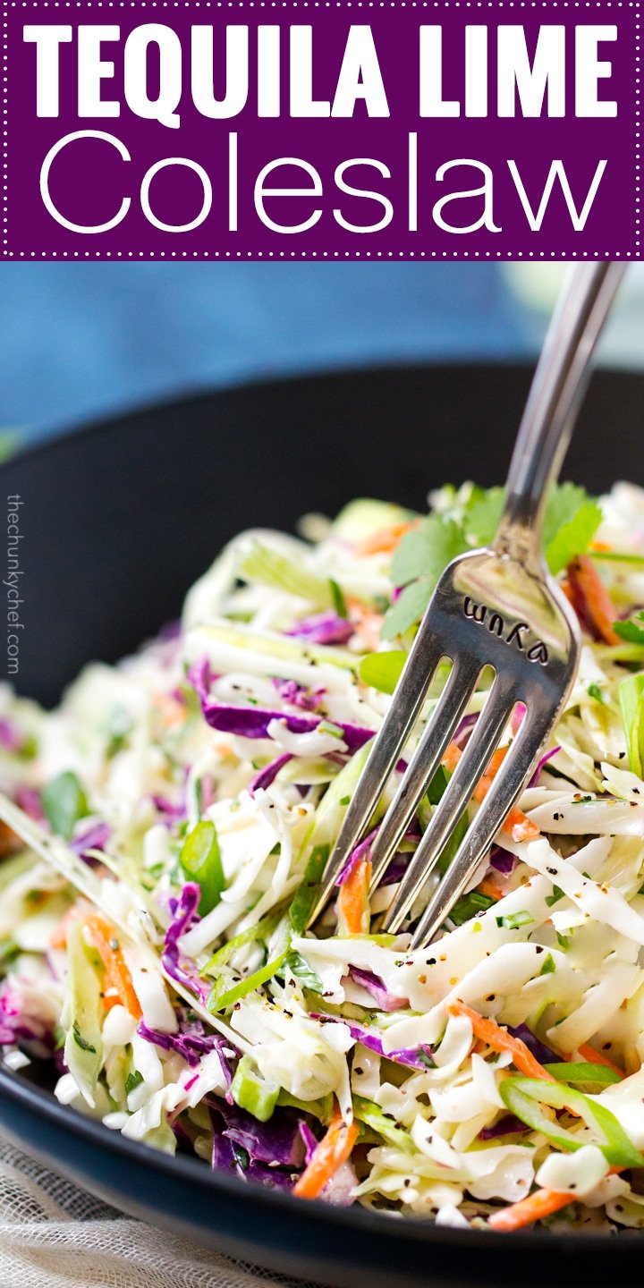 Tequila Lime Coleslaw with Cilantro | This unique coleslaw recipe combines great Mexican flavors like tequila, lime and cilantro, for a truly crowd-pleasing side dish! | http://thechunkychef.com