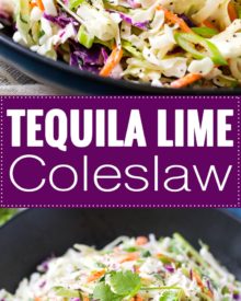 Instead of a predictable sweet and tangy version, this tequila lime coleslaw has great depth of flavor, with an awesome zippiness from the lime and hint of tequila. It's great on it's own, or piled on top of a great burger, some tacos (seafood tacos are our faves!), grilled flank steak, or pulled pork!
