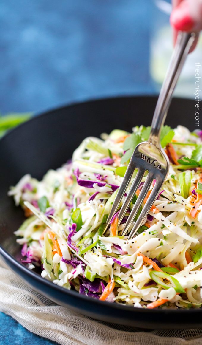 getting a forkful of coleslaw