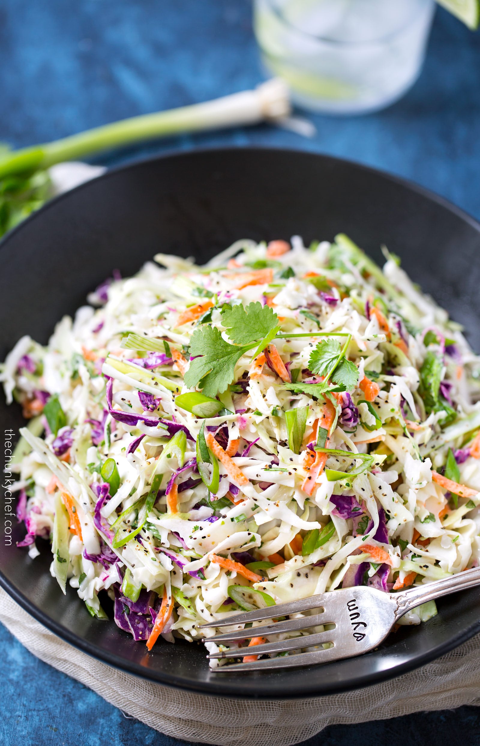 Tequila Lime Coleslaw with Cilantro | This unique coleslaw recipe combines great Mexican flavors like tequila, lime and cilantro, for a truly crowd-pleasing side dish! | http://thechunkychef.com