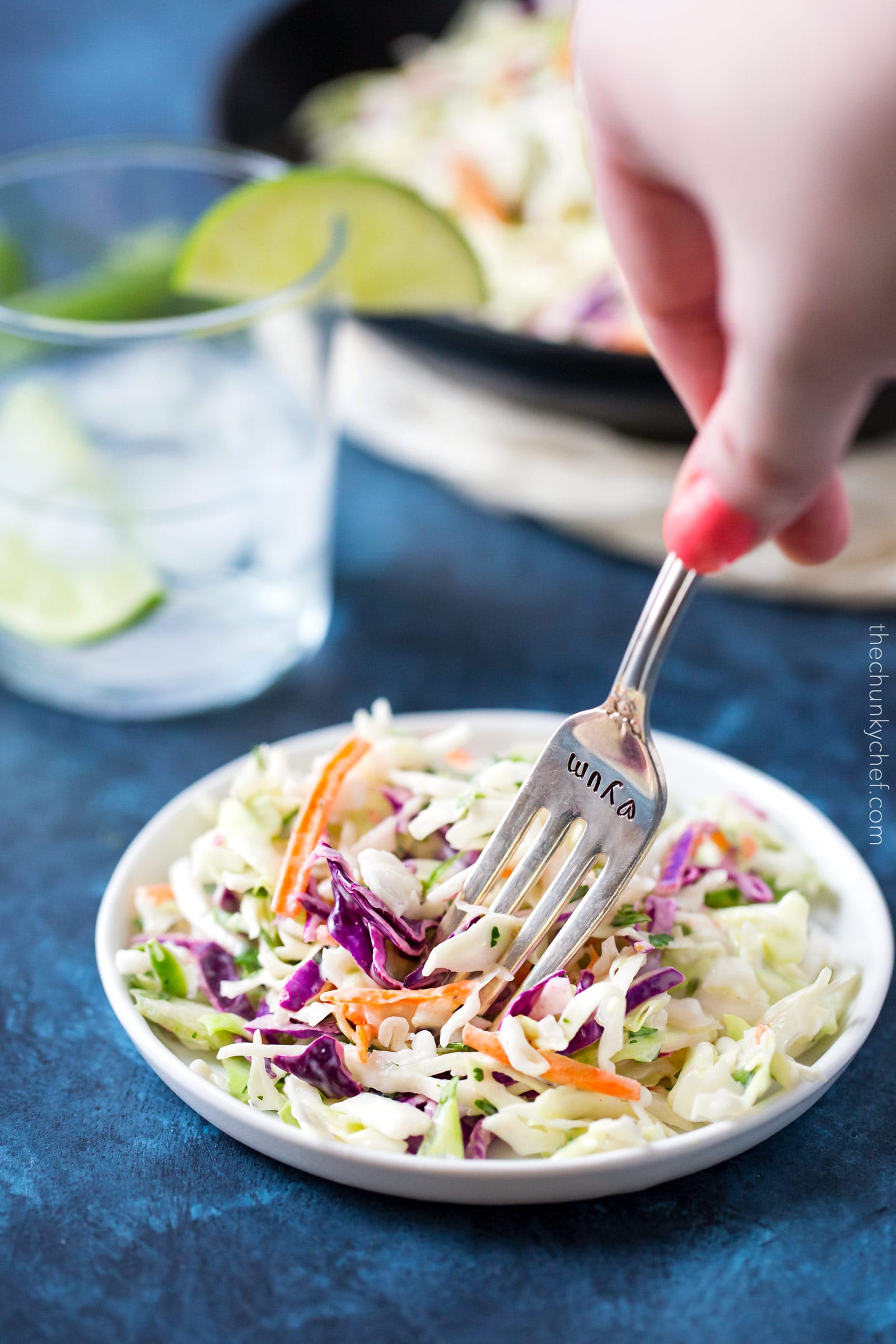 Tequila Lime Coleslaw with Cilantro | This unique coleslaw recipe combines great Mexican flavors like tequila, lime and cilantro, for a truly crowd-pleasing side dish! | http://thechunkychef.com