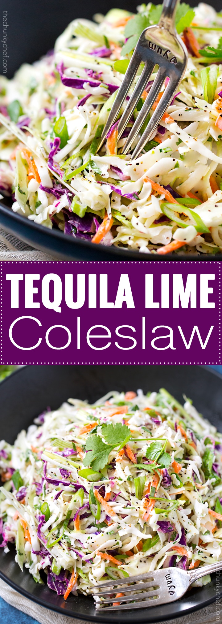 Tequila Lime Coleslaw with Cilantro | This unique coleslaw recipe combines great Mexican flavors like tequila, lime and cilantro, for a truly crowd-pleasing side dish! | http://thechunkychef.com