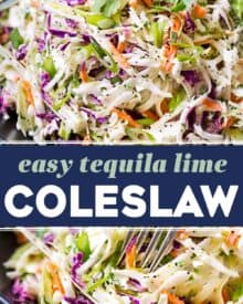 Instead of a predictable sweet and tangy version, this tequila lime coleslaw has great depth of flavor, with an awesome zippiness from the lime and hint of tequila. It's great on it's own, or piled on top of a great burger, some tacos (seafood tacos are our faves!), grilled flank steak, or pulled pork!