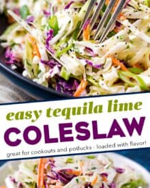 Instead of a predictable sweet and tangy version, this tequila lime coleslaw has great depth of flavor, with an awesome zippiness from the lime and hint of tequila. It's great on it's own, or piled on top of a great burger, some tacos (seafood tacos are our faves!), grilled flank steak, or pulled pork!