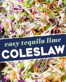 Instead of a predictable sweet and tangy version, this tequila lime coleslaw has great depth of flavor, with an awesome zippiness from the lime and hint of tequila. It's great on it's own, or piled on top of a great burger, some tacos (seafood tacos are our faves!), grilled flank steak, or pulled pork!