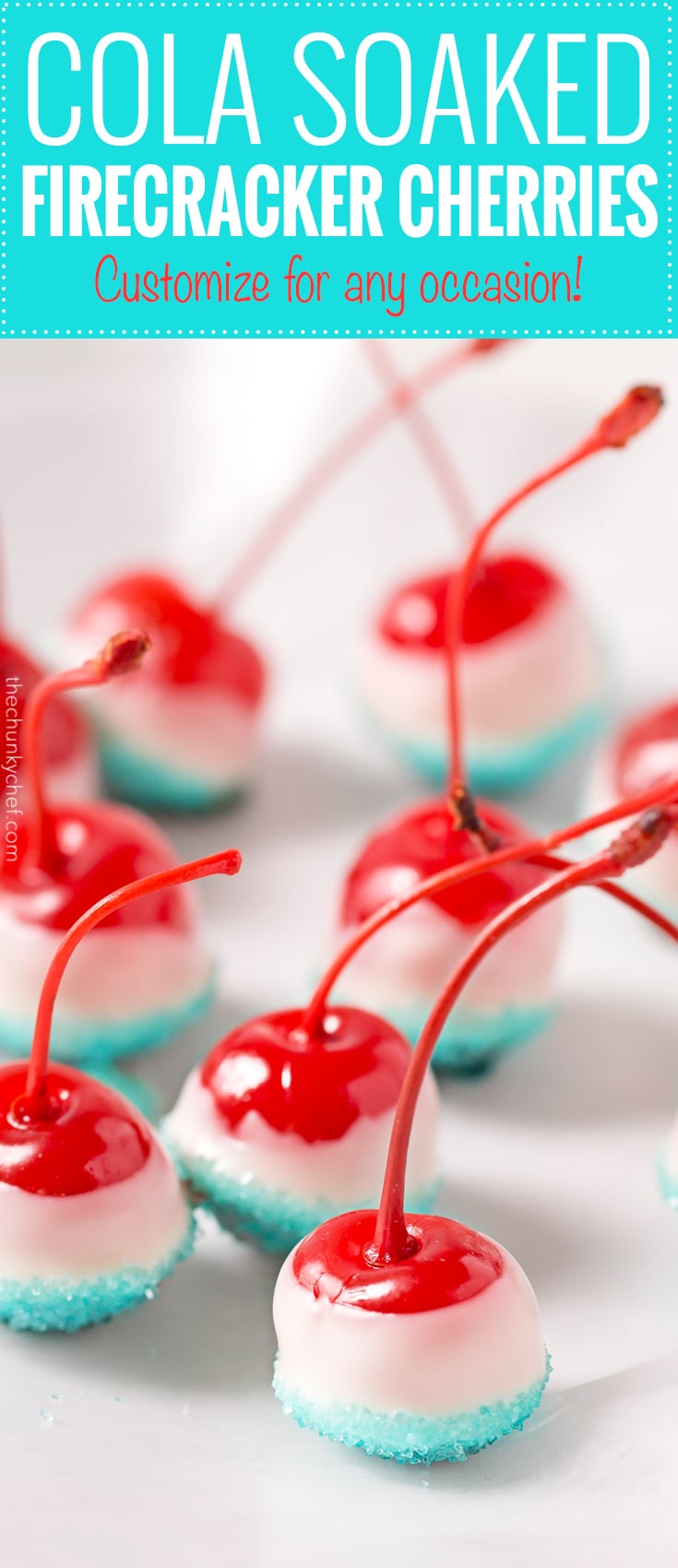 Cola Soaked Firecracker Cherries | Maraschino cherries are soaked in sweet cola, dipped in white chocolate and kissed with blue sugar for a kid-friendly patriotic dessert! | http://thechunkychef.com