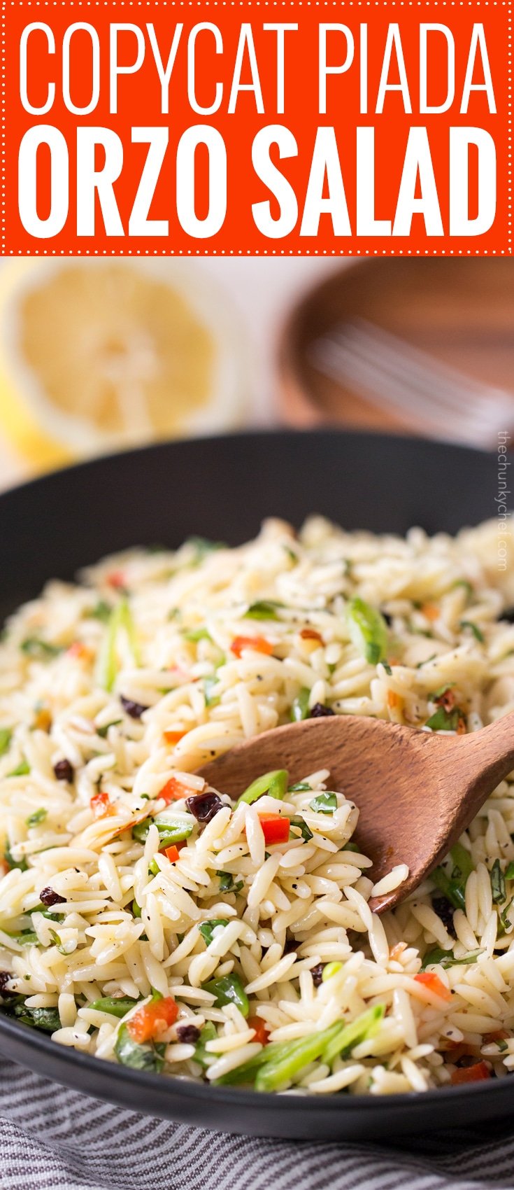 Copycat Piada Orzo Salad | This orzo salad is a copycat of the one sold at Piada Italian Street Food... it's crunchy, a little sweet, a little savory, and always a hit at parties! | http://thechunkychef.com