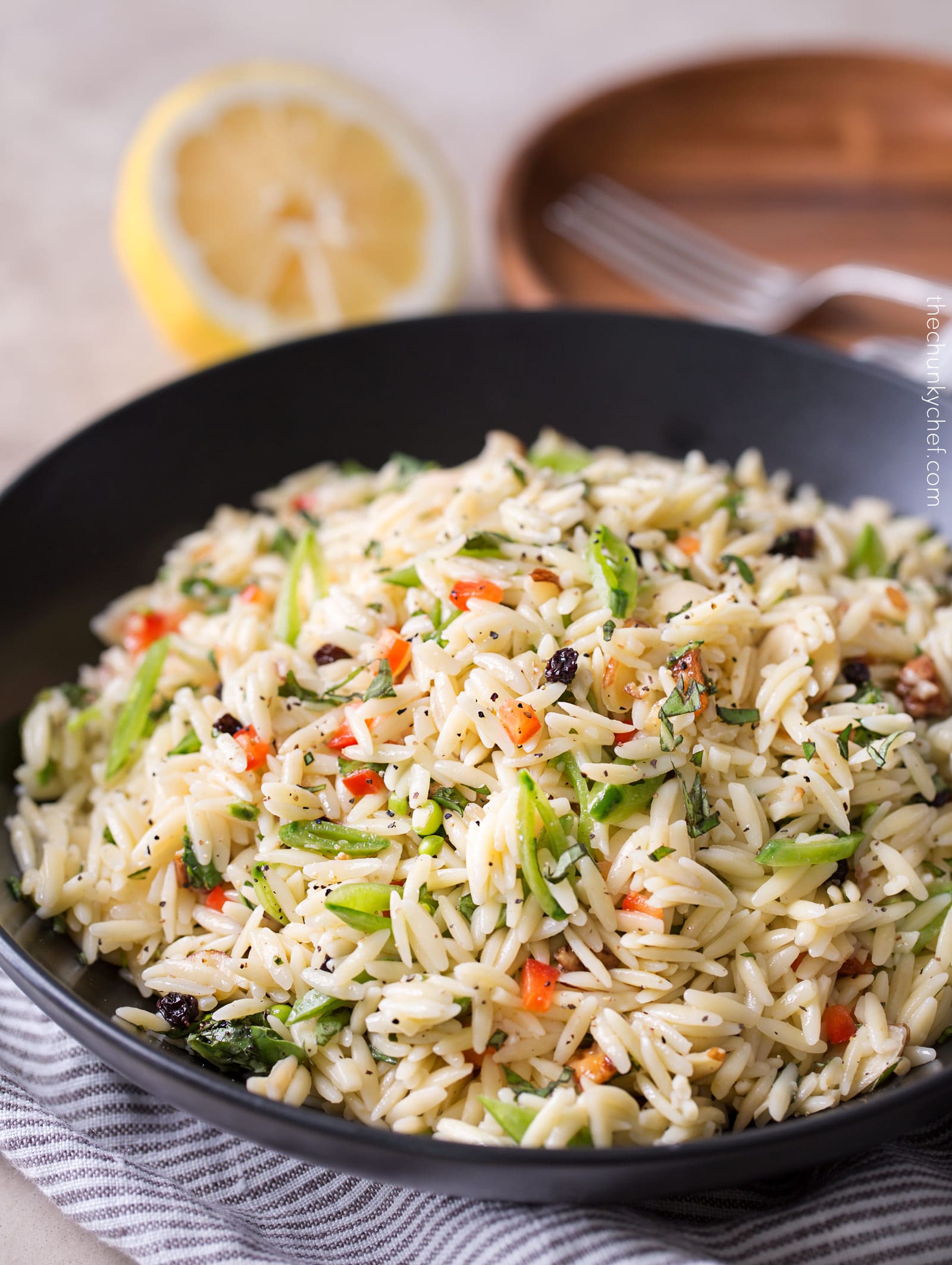 Copycat Piada Orzo Salad | This orzo salad is a copycat of the one sold at Piada Italian Street Food... it's crunchy, a little sweet, a little savory, and always a hit at parties! | http://thechunkychef.com