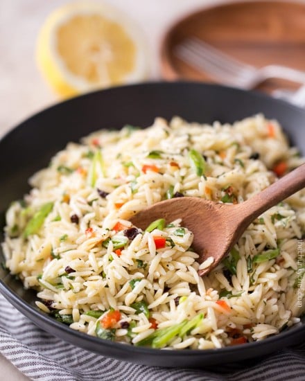 Copycat Piada Orzo Salad | This orzo salad is a copycat of the one sold at Piada Italian Street Food... it's crunchy, a little sweet, a little savory, and always a hit at parties! | http://thechunkychef.com