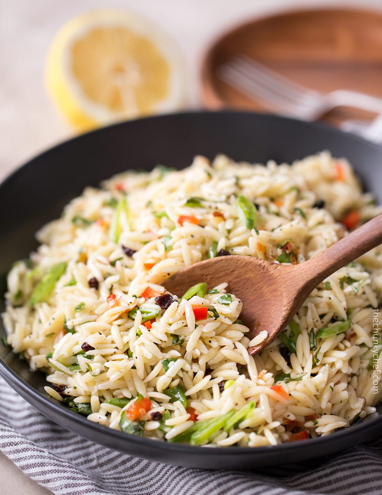 Copycat Piada Orzo Salad | This orzo salad is a copycat of the one sold at Piada Italian Street Food... it's crunchy, a little sweet, a little savory, and always a hit at parties! | http://thechunkychef.com