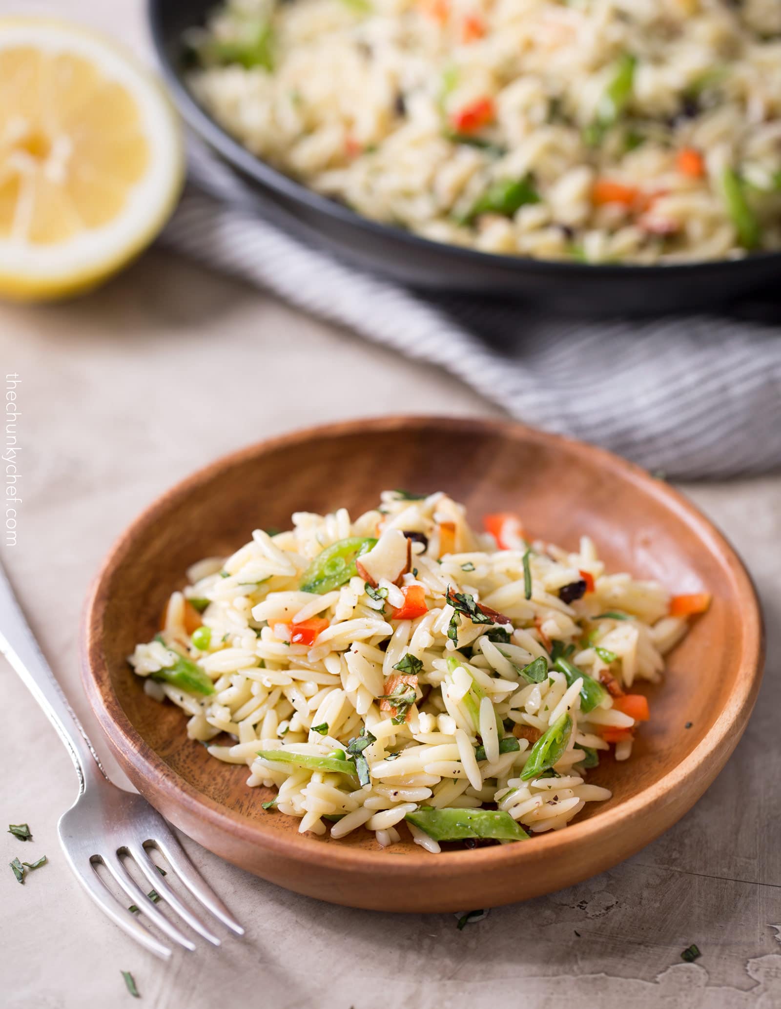 Copycat Piada Orzo Salad | This orzo salad is a copycat of the one sold at Piada Italian Street Food... it's crunchy, a little sweet, a little savory, and always a hit at parties! | http://thechunkychef.com