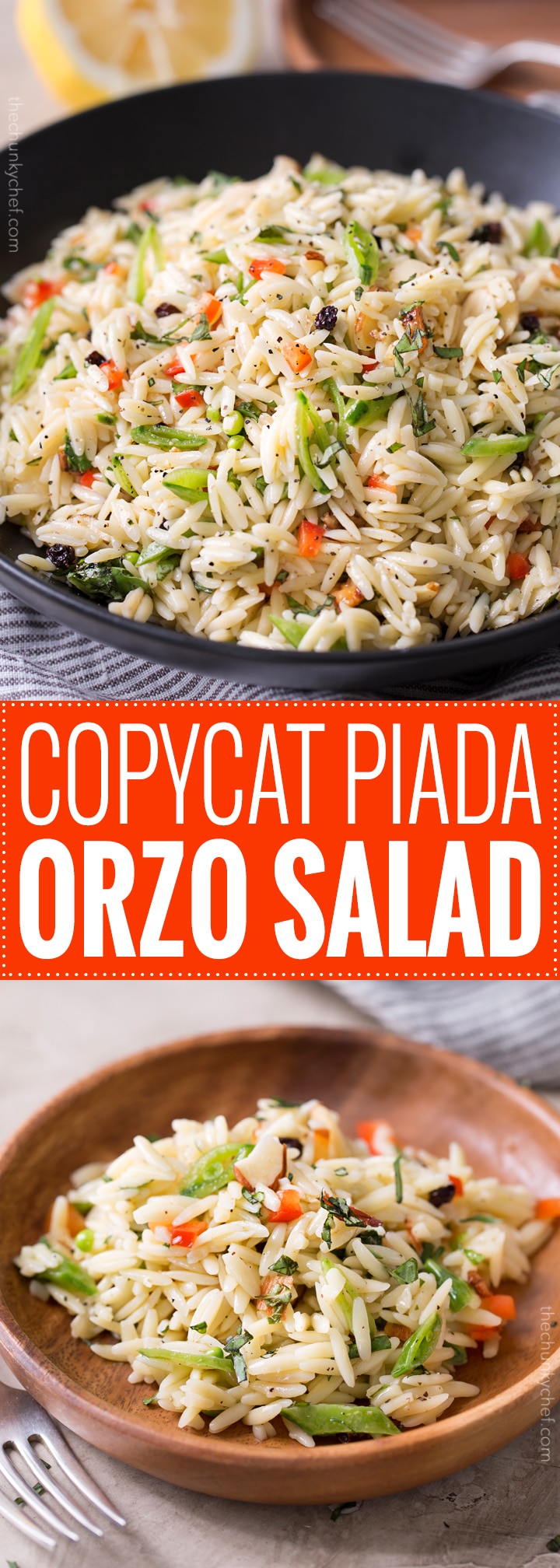 Copycat Piada Orzo Salad | This orzo salad is a copycat of the one sold at Piada Italian Street Food... it's crunchy, a little sweet, a little savory, and always a hit at parties! | http://thechunkychef.com