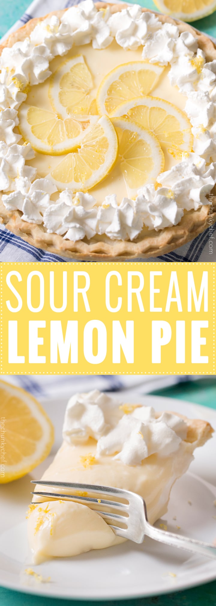 Creamy Sour Cream Lemon Pie | This almost no bake pie is cool, creamy, rich, and bursting with summer lemon flavors. The sour cream gives this dessert a delicious tang! | http://thechunkychef.com