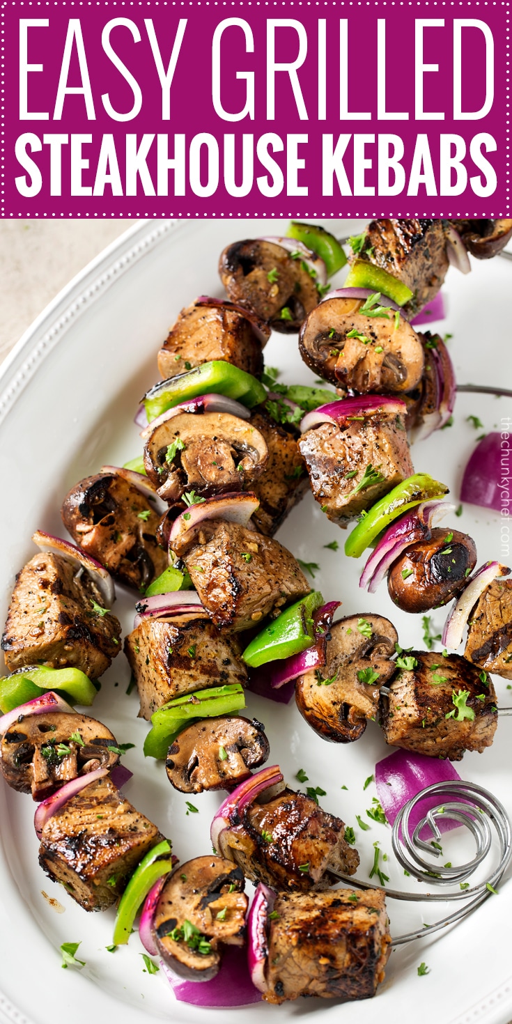 Easy Grilled Steakhouse Kebabs | Bite-sized steak pieces and mushrooms are marinated in an incredibly easy marinade, then skewered with onions and peppers, and grilled to juicy steakhouse perfection! You need these at your next BBQ! | http://thechunkychef.com