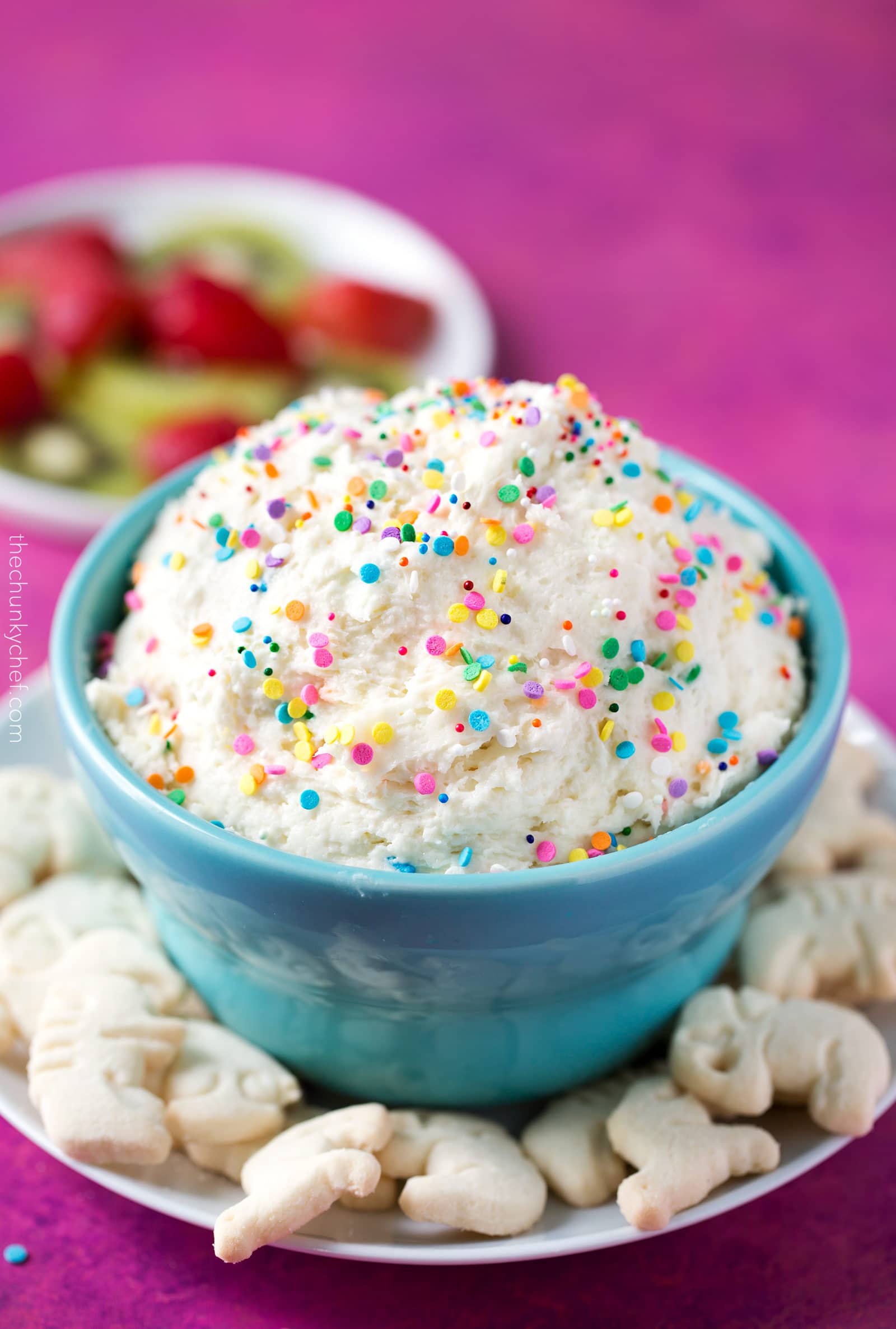 Four Ingredient Funfetti Cake Batter Dip | This dessert dip uses only 4 ingredients, is no bake, and tastes exactly like cake batter! Both kids and adults alike will love this funfetti treat! | http://thechunkychef.com