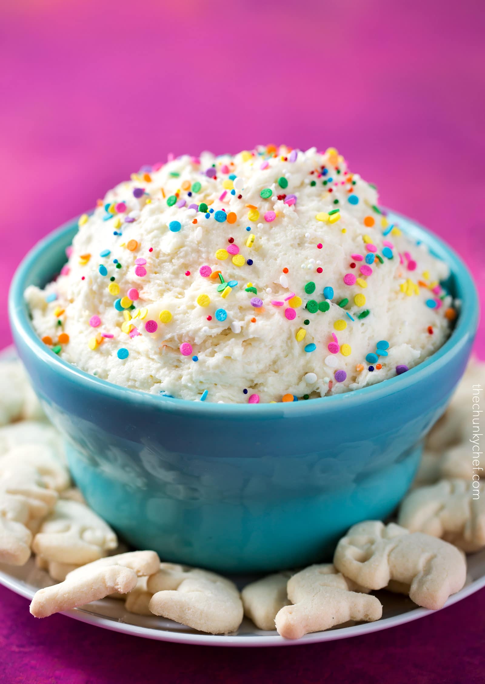 Four Ingredient Funfetti Cake Batter Dip | This dessert dip uses only 4 ingredients, is no bake, and tastes exactly like cake batter! Both kids and adults alike will love this funfetti treat! | http://thechunkychef.com