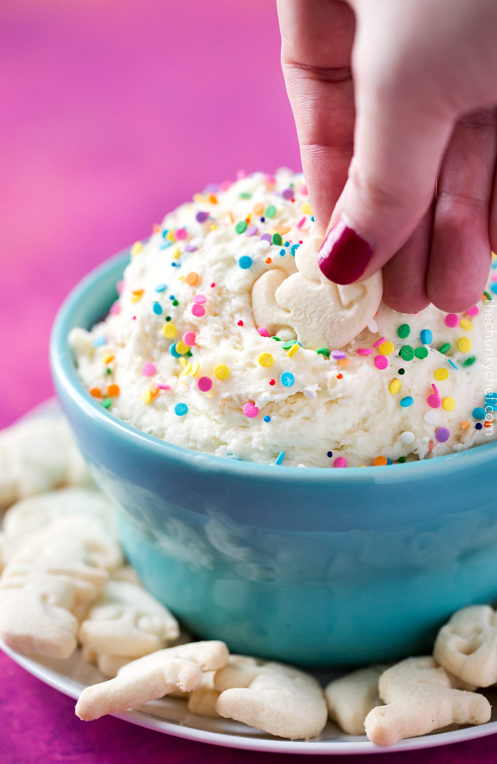 Four Ingredient Funfetti Cake Batter Dip | This dessert dip uses only 4 ingredients, is no bake, and tastes exactly like cake batter! Both kids and adults alike will love this funfetti treat! | http://thechunkychef.com