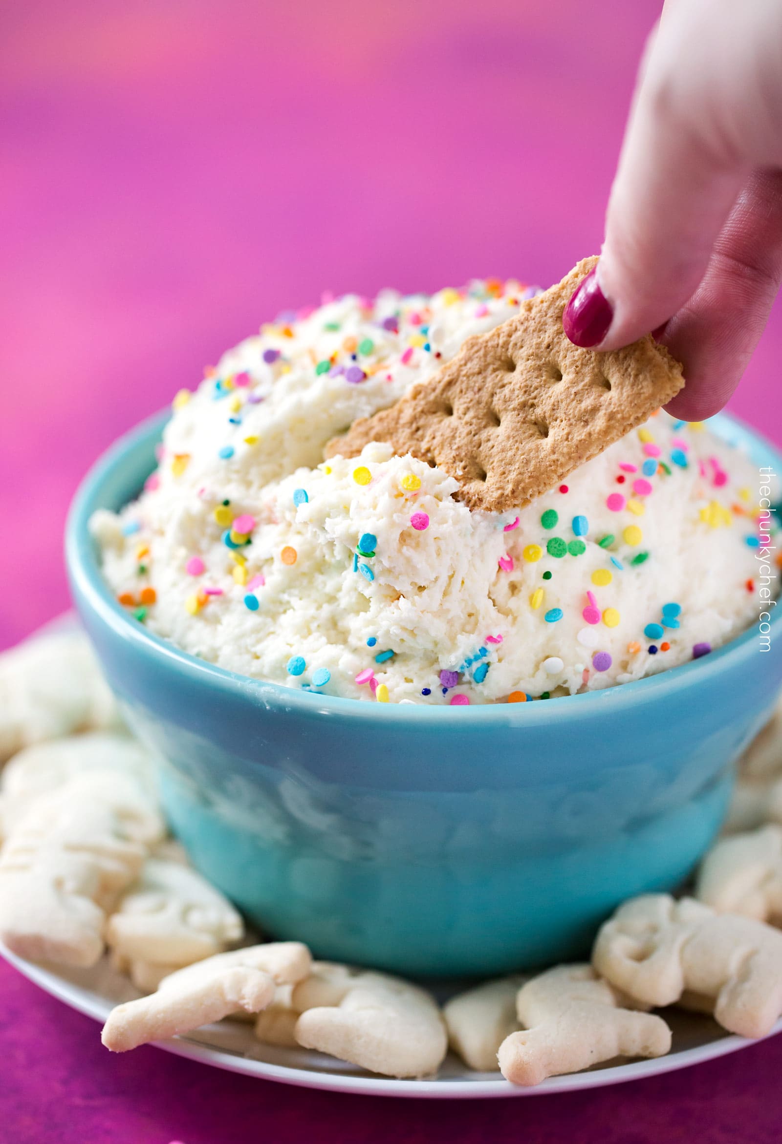 Four Ingredient Funfetti Cake Batter Dip | This dessert dip uses only 4 ingredients, is no bake, and tastes exactly like cake batter! Both kids and adults alike will love this funfetti treat! | http://thechunkychef.com