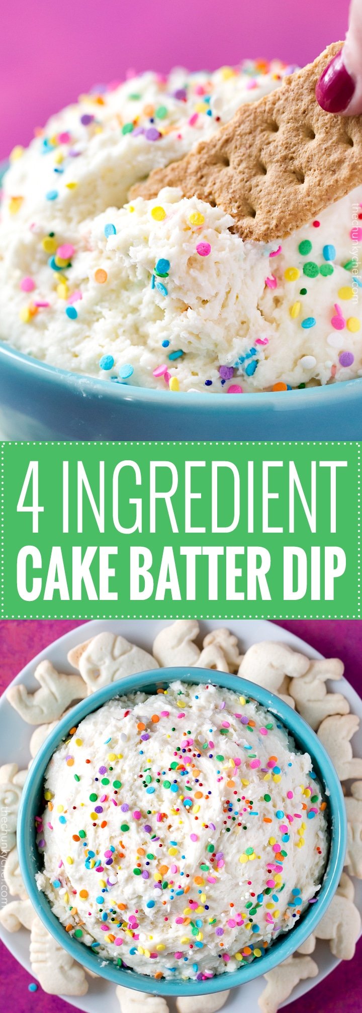 Four Ingredient Funfetti Cake Batter Dip | This dessert dip uses only 4 ingredients, is no bake, and tastes exactly like cake batter! Both kids and adults alike will love this funfetti treat! | http://thechunkychef.com