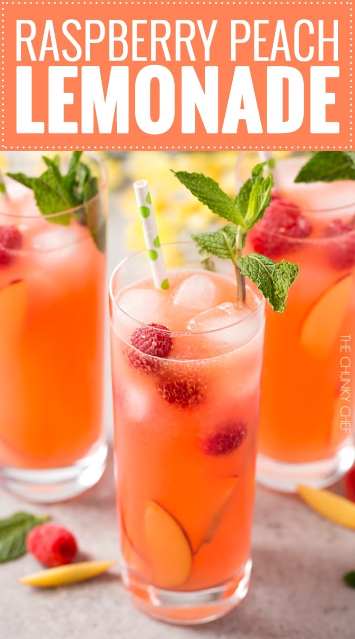 Homemade Raspberry Peach Lemonade | The perfect refreshing summer drink is here! Full of raspberry and peach flavors, this homemade lemonade is like drinking sunshine! | http://thechunkychef.com