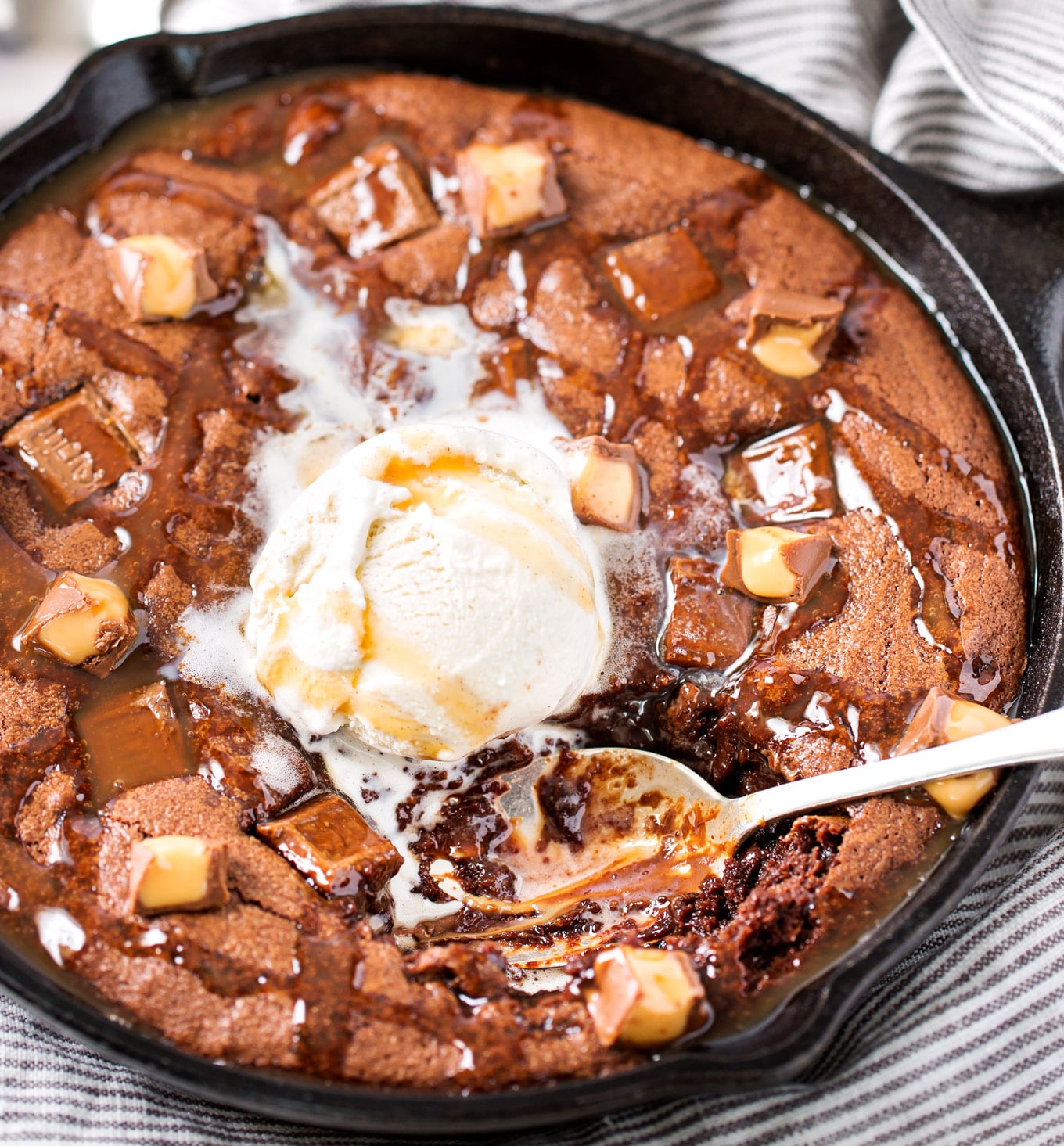 Skillet Brownie Recipe (caramel & chocolate) The Chunky Chef