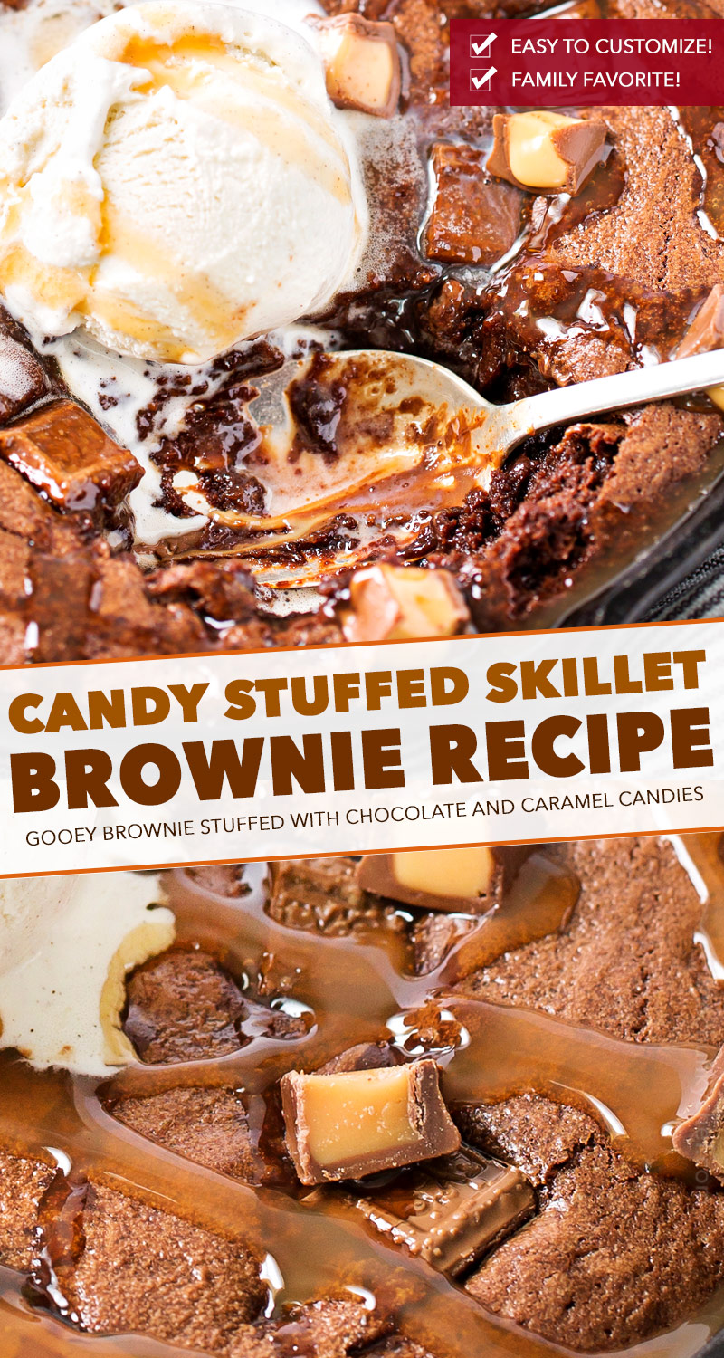 This one bowl brownie recipe is baked in a skillet, which means you can dig right into the gooey, warm brownie right away!  Stuffed with caramel and chocolate, this is one loaded brownie! #brownie #brownies #brownierecipe #dessert #dessertrecipe #skillet #easyrecipe #caramel #chocolate