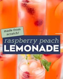 This Raspberry Peach Lemonade is the perfect refreshing summer drink! Full of summery raspberry and peach flavors, this homemade lemonade is like drinking sunshine, and uses just 5 ingredients! #lemonade #peach #raspberry #summerdrink