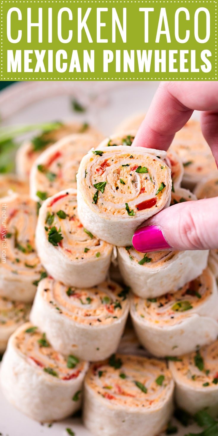 Chicken Taco Mexican Pinwheels | These pinwheels are filled with a creamy chicken taco filling, which is easily customizable, and rolled up to make a perfect appetizer or party food! | http://thechunkychef.com