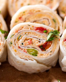 Chicken Taco Mexican Pinwheels | These pinwheels are filled with a creamy chicken taco filling, which is easily customizable, and rolled up to make a perfect appetizer or party food! | http://thechunkychef.com