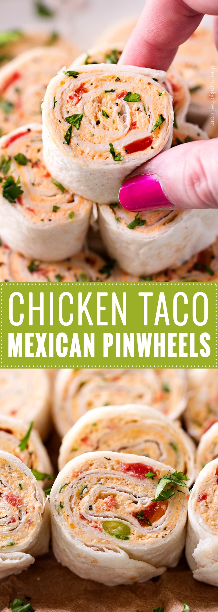 Chicken Taco Mexican Pinwheels | These pinwheels are filled with a creamy chicken taco filling, which is easily customizable, and rolled up to make a perfect appetizer or party food! | http://thechunkychef.com