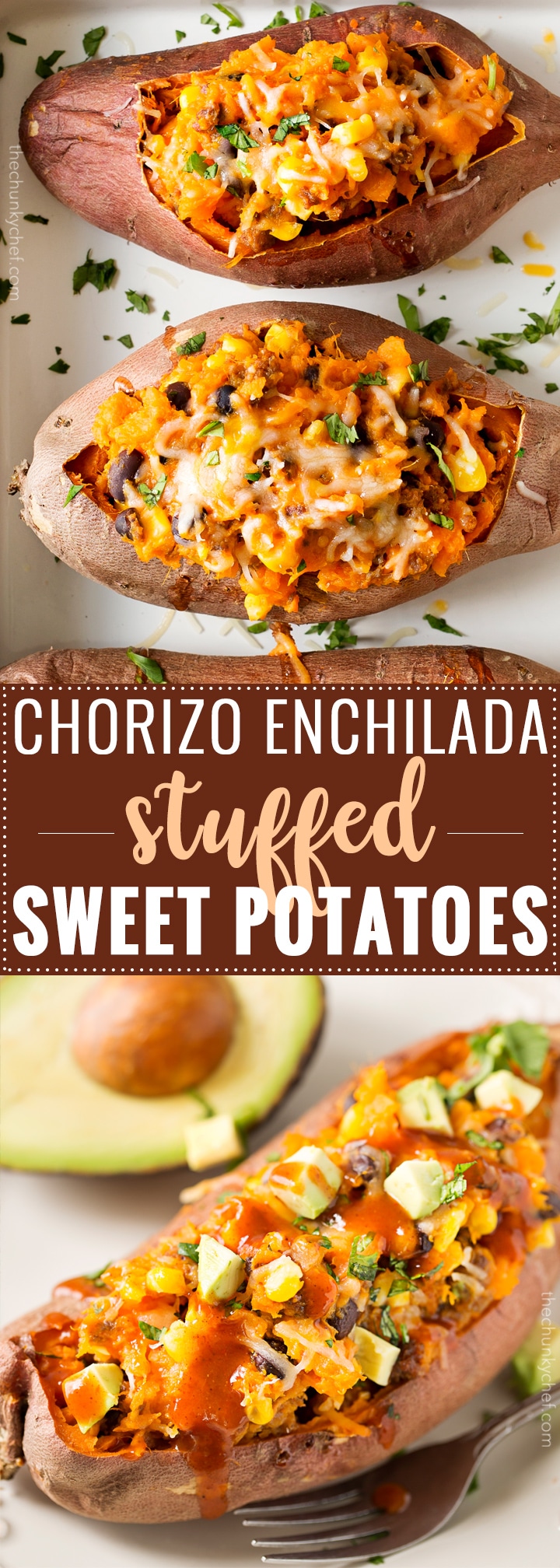 Chorizo Enchilada Stuffed Sweet Potatoes | Mexican flavors come together in these stuffed sweet potatoes, for a meal that's healthy and incredibly easy to prep ahead for a stress-free dinner! | http://thechunkychef.com